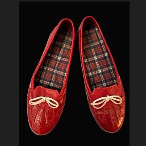 Ladies L.L.Bean Coastal Rain Skimmers Patent Plaid Lining Ballet Flat Red 9M